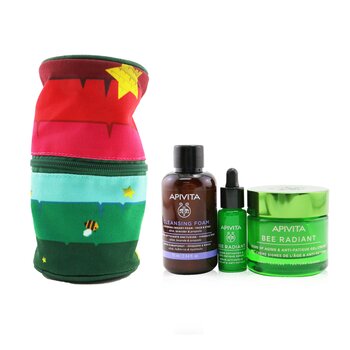 Apivita Fresh & Glow (Bee Radiant- Light Texture) Gift Set: Gel Cream 50ml+ Serum 10ml+ Cleansing Creamy Foam 75ml+ Pouch